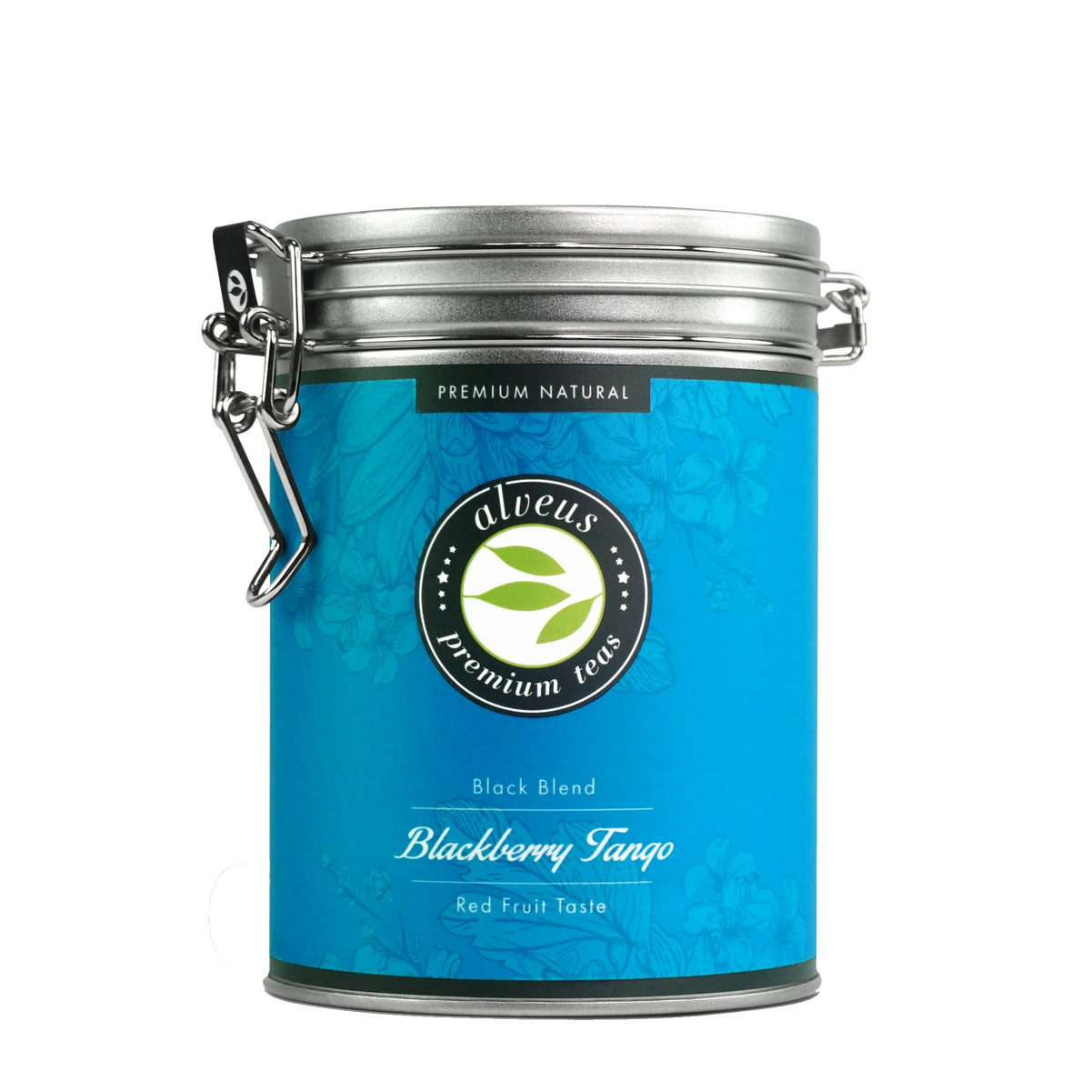 Blaue 100-g-Teedose Blackberry Tango von alveus mit geschlossenem Bügelverschluss