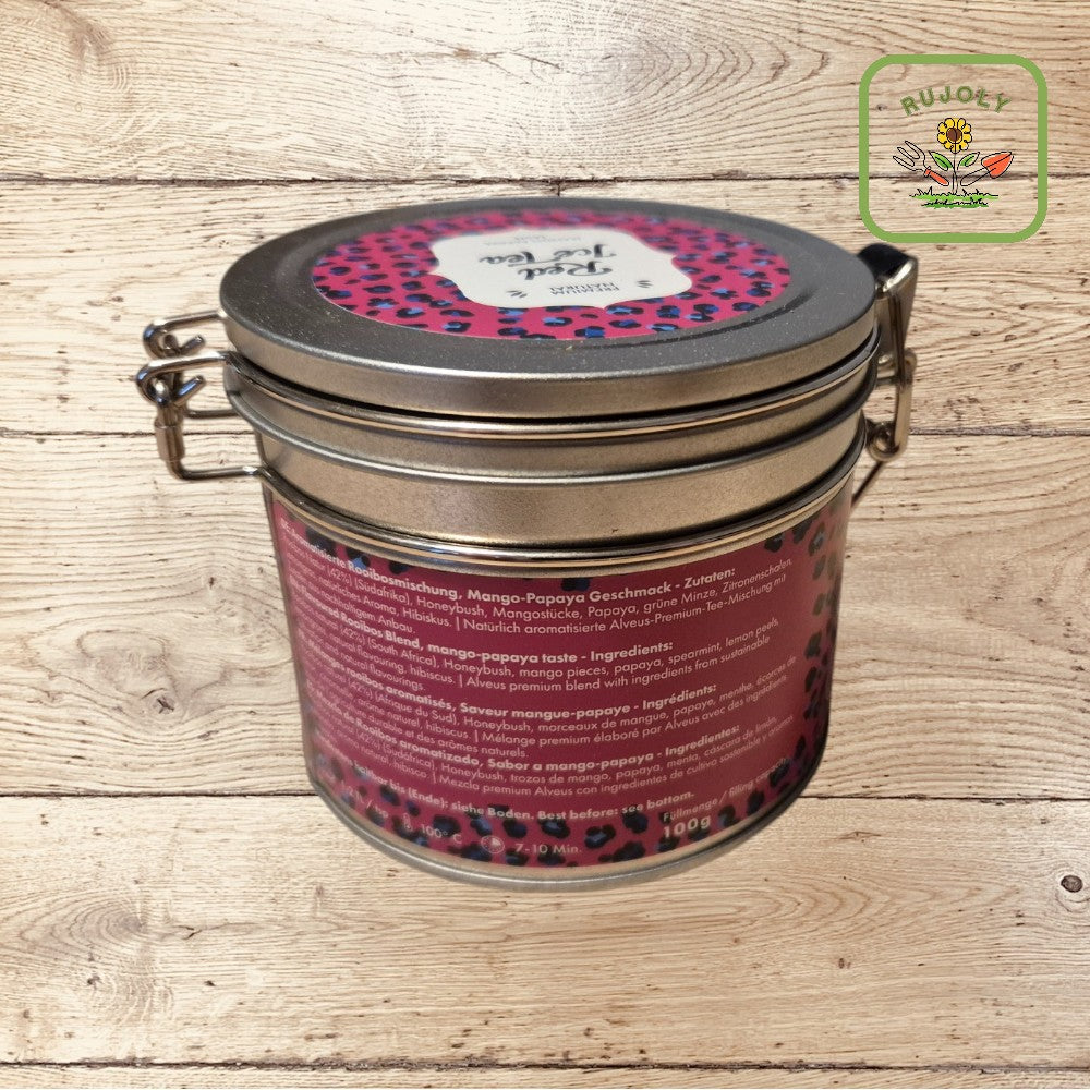 Rooibosteemischung mit Mango, Papaya und Lemongras in edler Verpackung – nachhaltiger Tee-Genuss mit exotischem Flair.