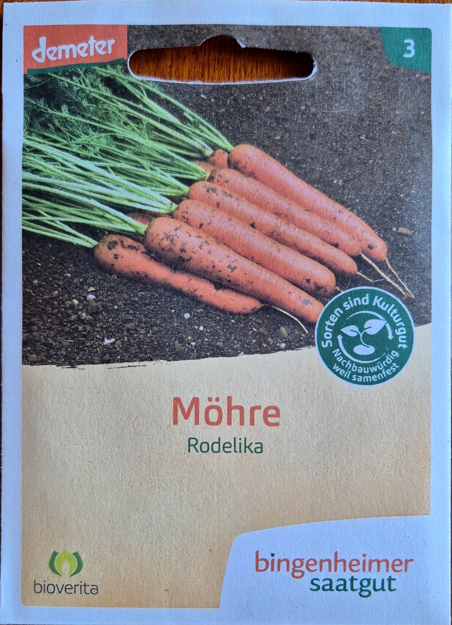 Vorderseite der Saatgutpackung Bio-Möhre Rodelika von Bingenheimer Saatgut