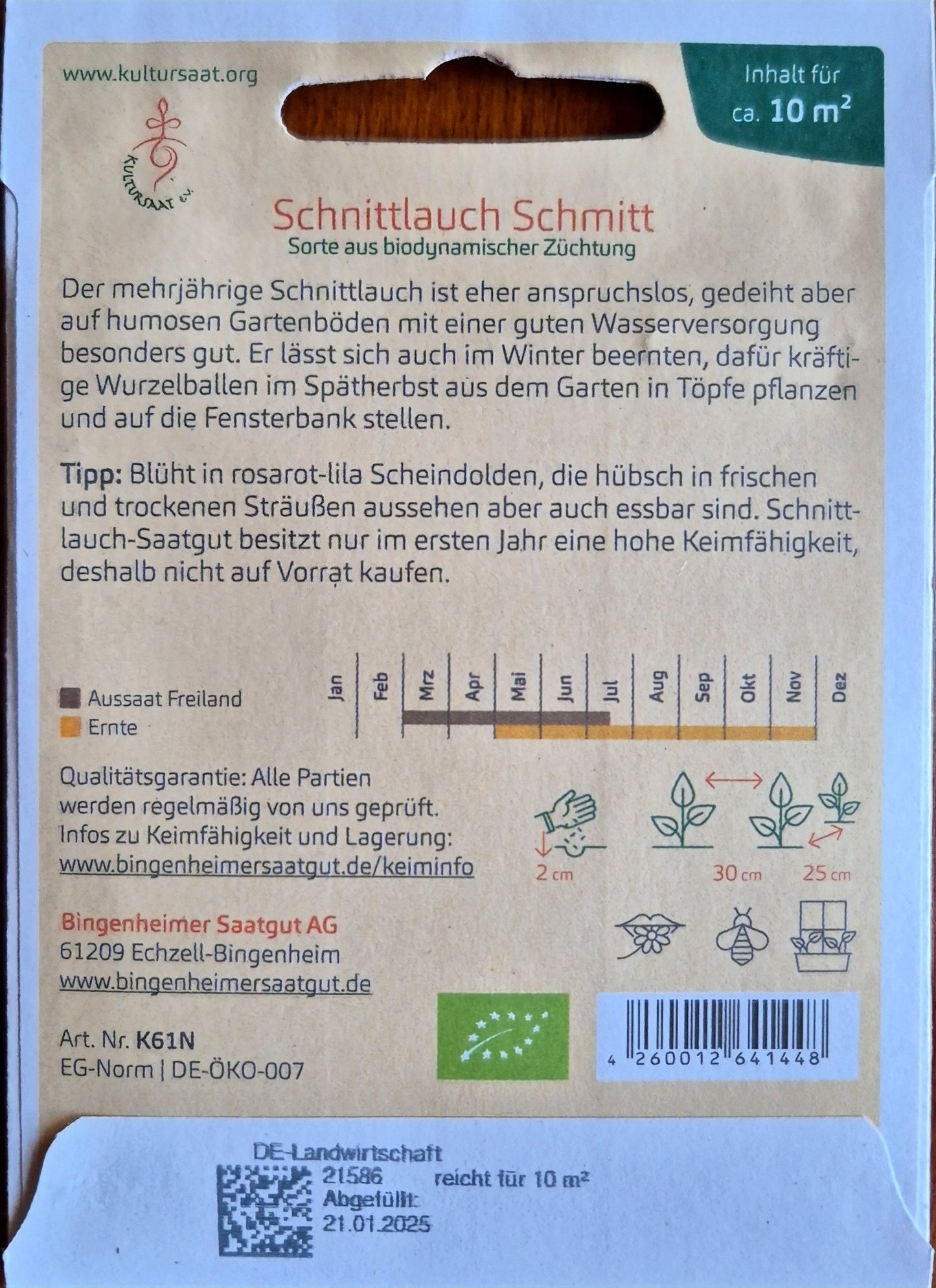 Rückseite der Saatgutpackung Schnittlauch 'Schmitt' mit Aussaatkalender und Pflanzhinweisen