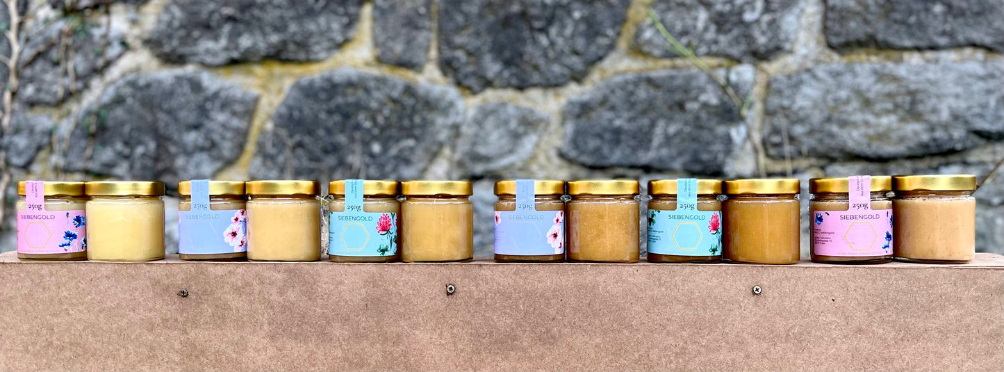 Honig aus dem Siebengebirge, KALEO Siebengold, Sommertracht, Waldhonig, regional, fest, fluessig, 250g Glas.