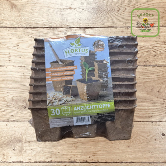 FLORTUS 6 x 6 cm quadratische Anzuchttöpfe aus Holzfaser im 30er-Pack – biologisch abbaubar und nachhaltig