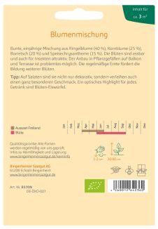 Rückseite der Saatgutpackung: Essbare Blütenmischung mit Anbauhinweisen, Aussaatkalender und Pflegeinformationen.