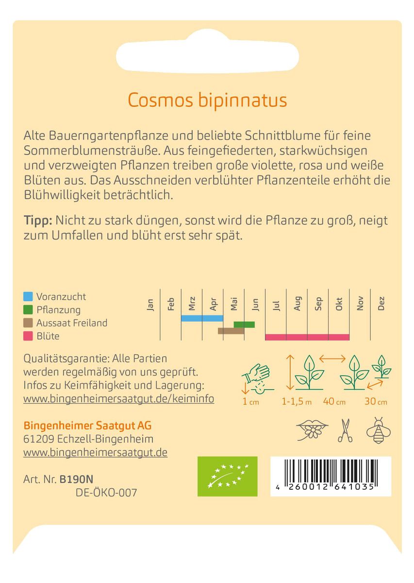 Cosmea Aussaatkalender – Voranzucht Maerz–April, Direktsaat Mai–Juni, Bluete Juli–Oktober