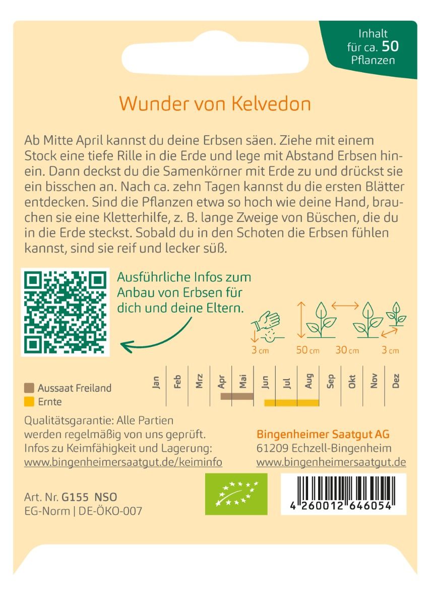 Rückseite der Saatgutpackung mit Anbauhinweisen für die Markerbse „Wunder von Kelvedon“.