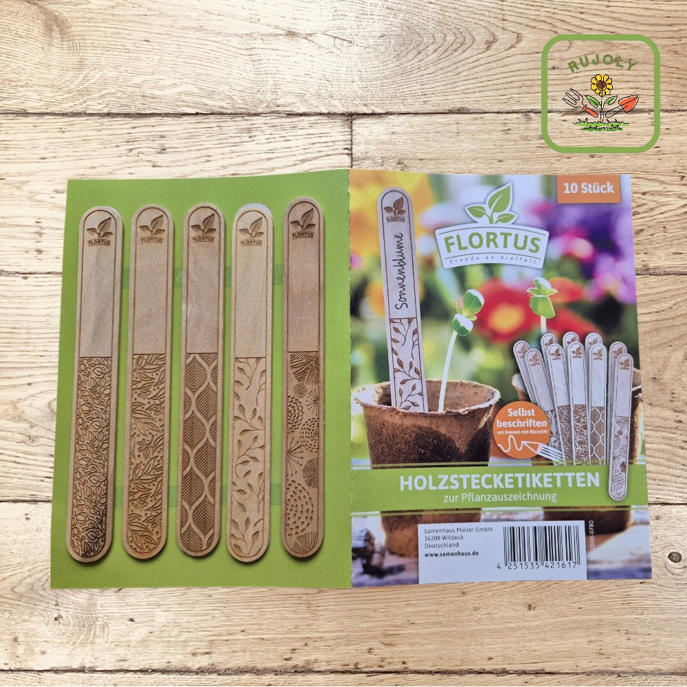 Nachhaltige Holzstecketiketten mit floraler Lasergravur im 10er-Set – plastikfreie Pflanzenkennzeichnung