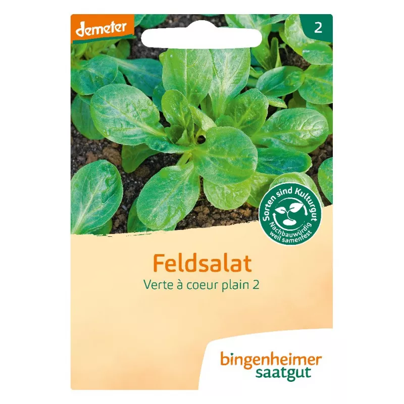 Feldsalat ‘Verte à cœur plein 2’ – samenfestes Saatgut (demeter), Vorderseite der Packung mit dunkelgrünen Rosetten