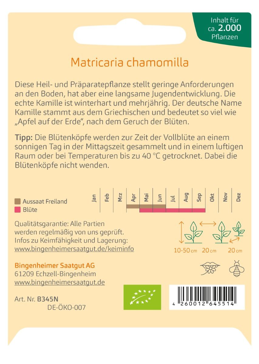 Rückseite der Bingenheimer Saatguttüte Bio Kamille mit Aussaatangaben