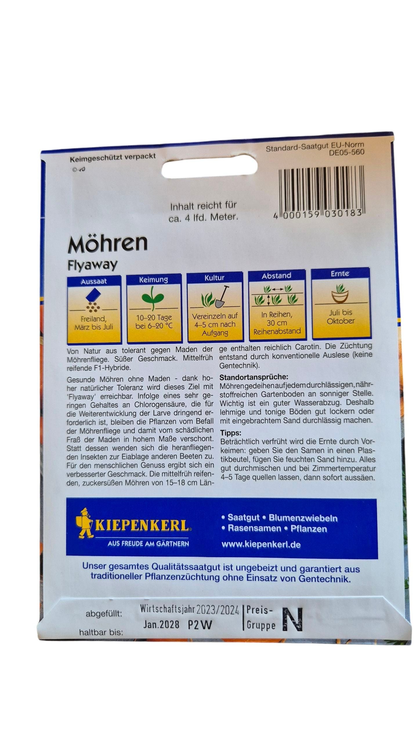 Aussaat & Pflege Möhrensamen ‘Narbonne’ F1 – Keimung 12–20 Tage, Reihen 30 cm