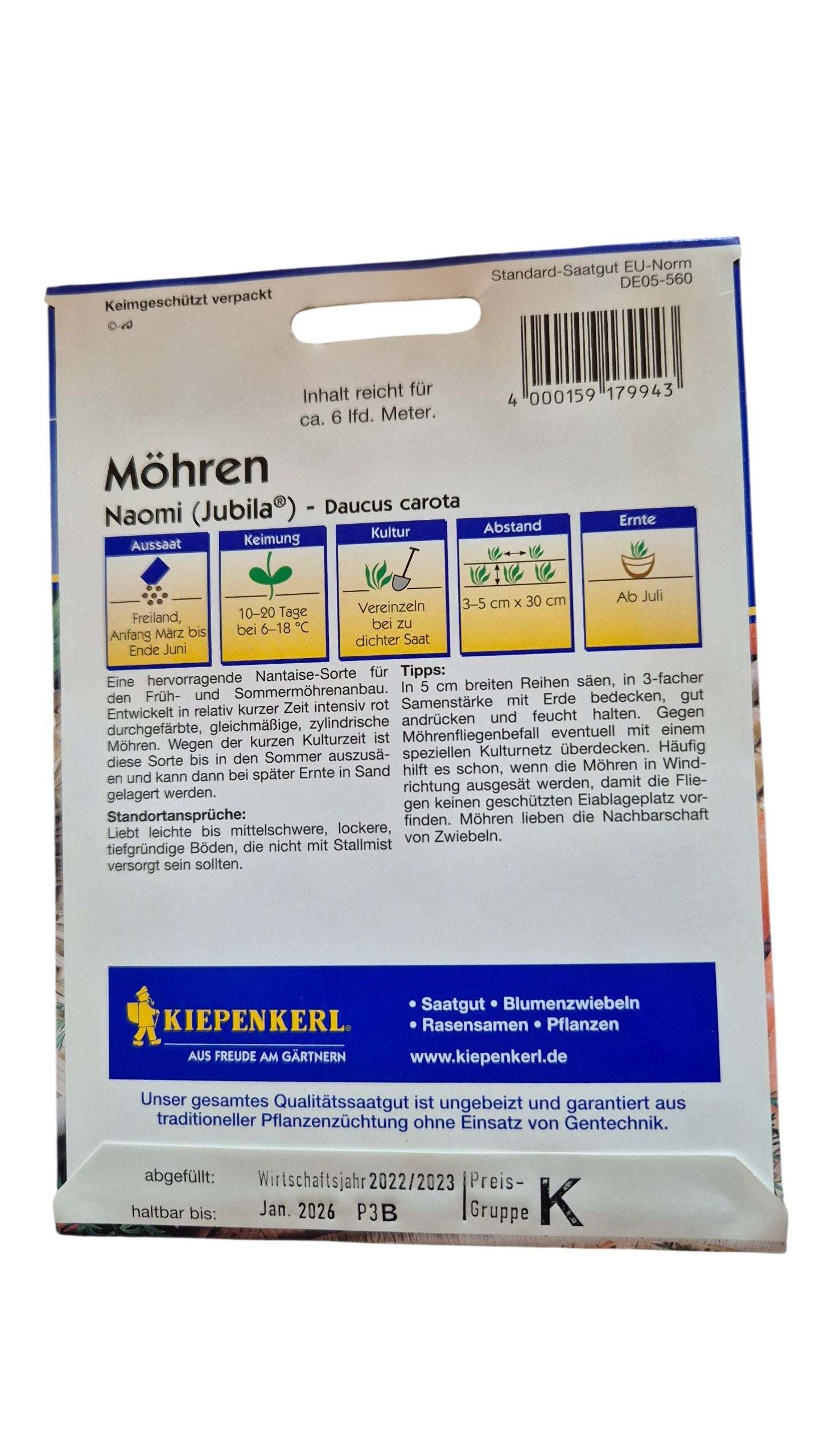 Aussaat & Pflege Möhrensamen ‘Jubila’ – Keimung 10–20 Tage, Reihenabstand 30 cm