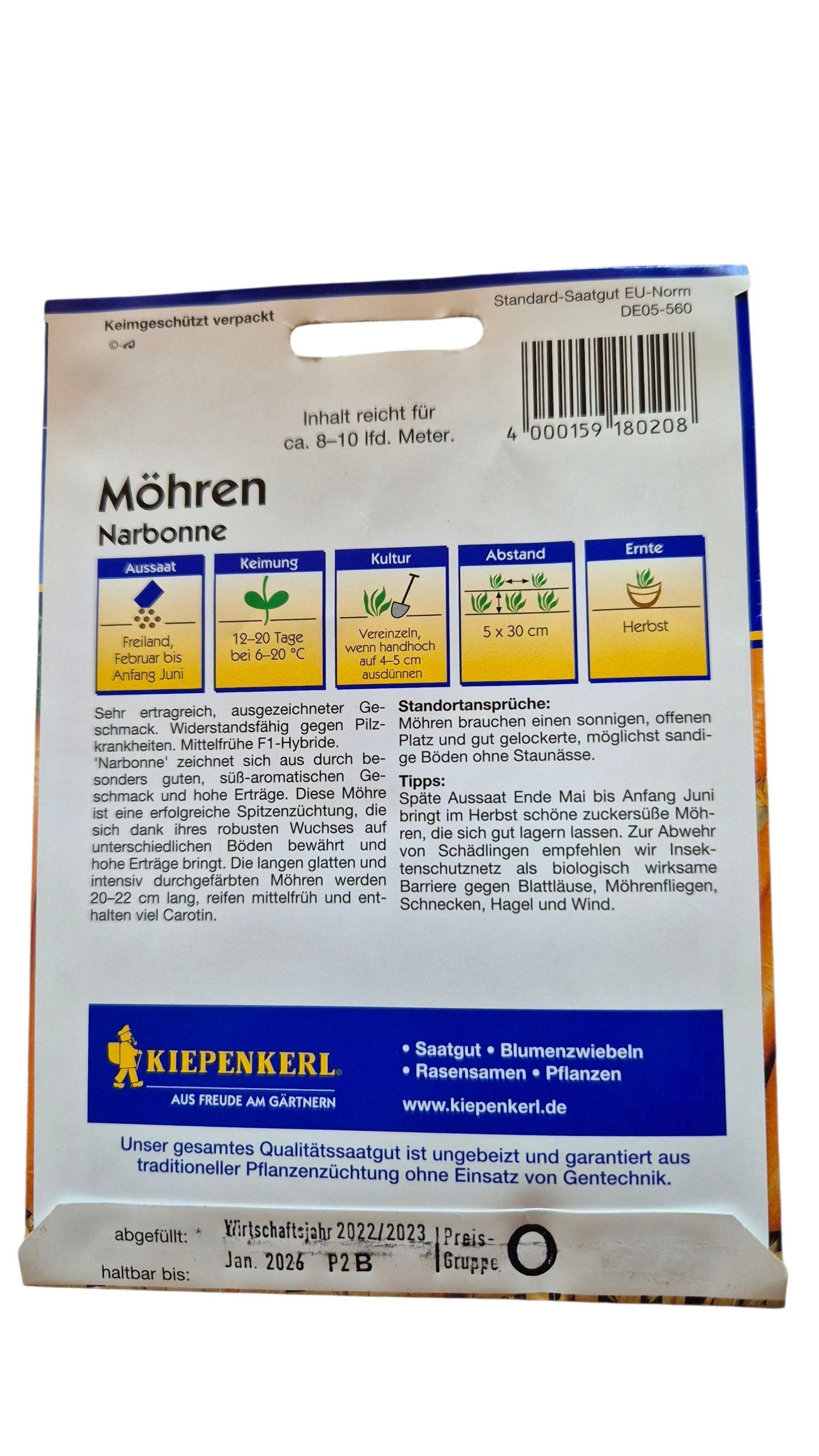 Aussaat & Pflege Möhrensamen ‘Narbonne’ F1 – Keimung 12–20 Tage, Reihen 30 cm