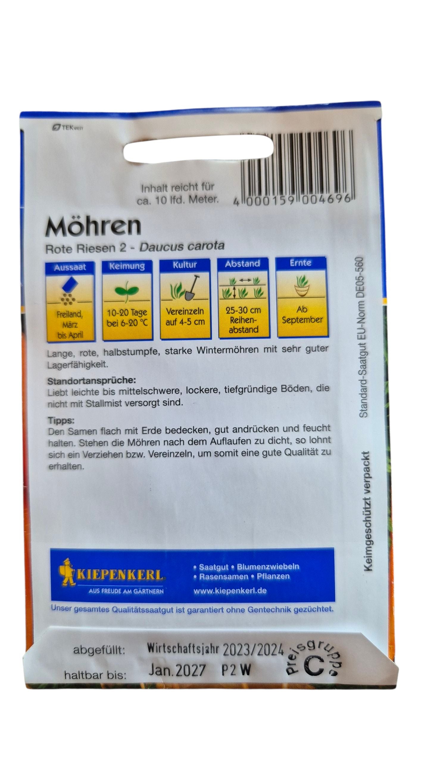 Aussaat Möhrensamen ‘Ohne Herz 2’ – Keimung 10–20 Tage, Reihen 25–30 cm