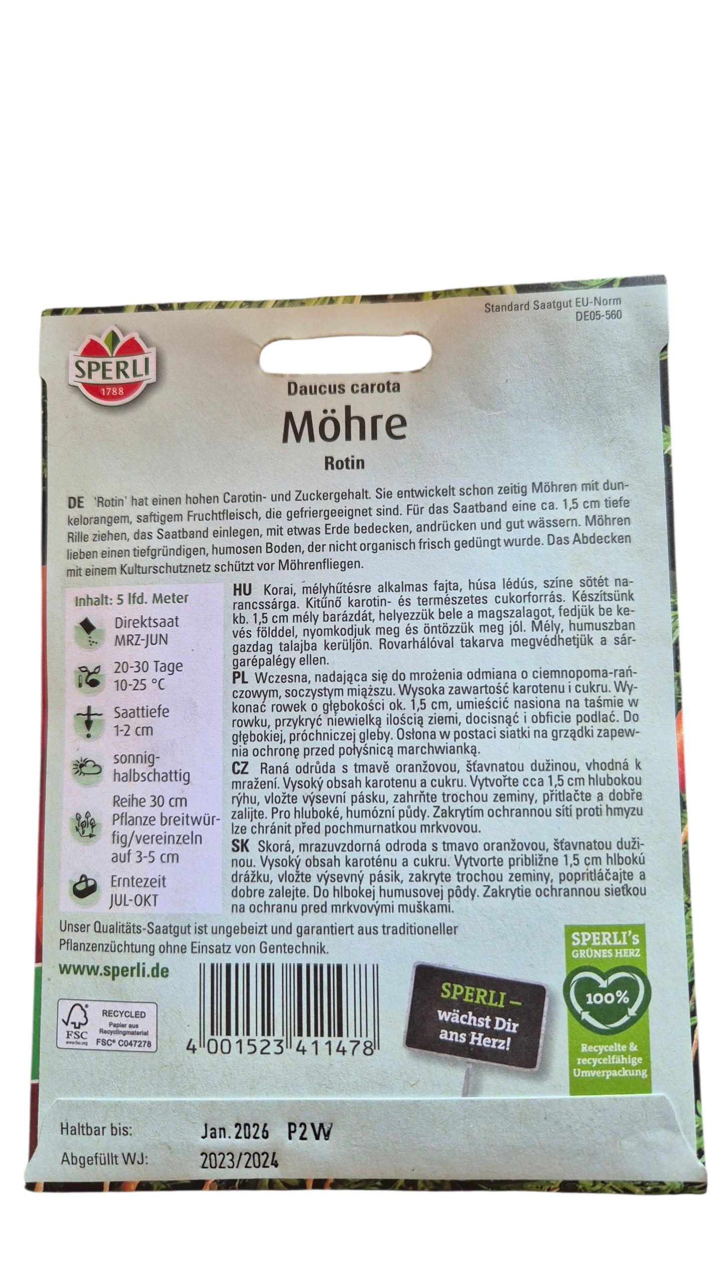 Aussaat Möhrensamen ‘Rotin’ – Saatband 5 m, Keimung 20–30 Tage, Reihen 30 cm
