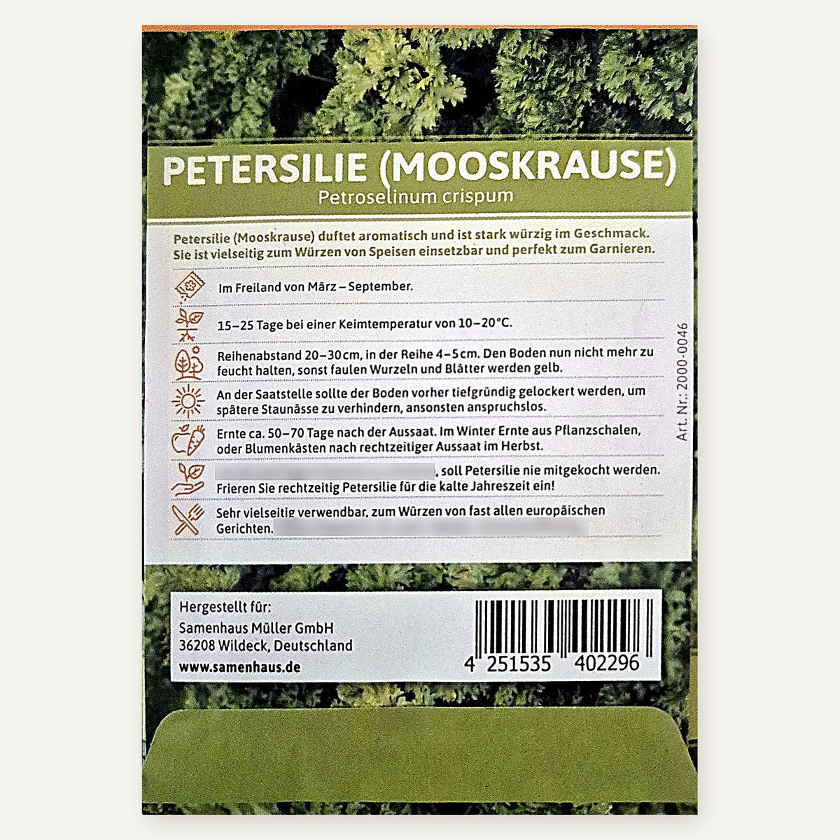 Rückseite der FLORTUS Petersilie-Saatguttüte mit Aussaatangaben, Abständen, Artikelnummer 2000-0046 und Strichcode