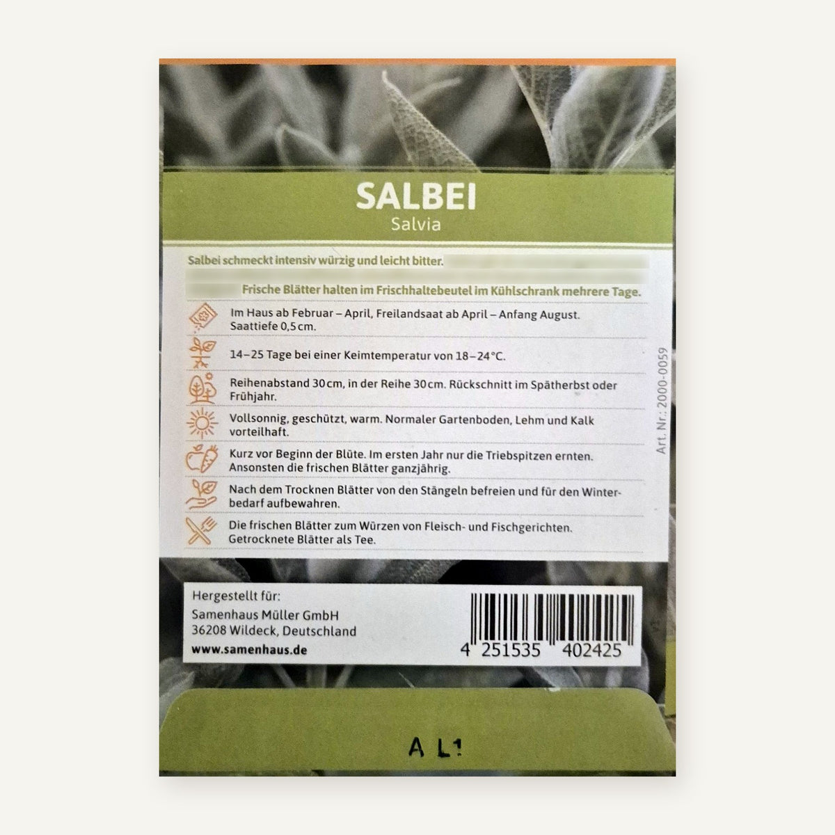 Rückseite der FLORTUS Salbei-Saatguttüte mit Aussaatangaben, Pflanzabständen, Artikelnummer 2000-0059 und Strichcode