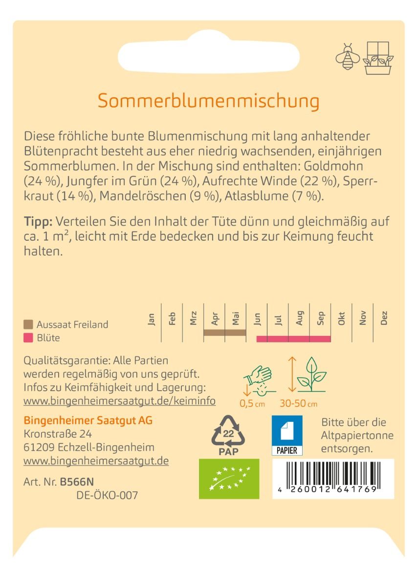 Rückseite der Sommerpracht Saatguttüte mit Mischung, Aussaat- und Produktangaben