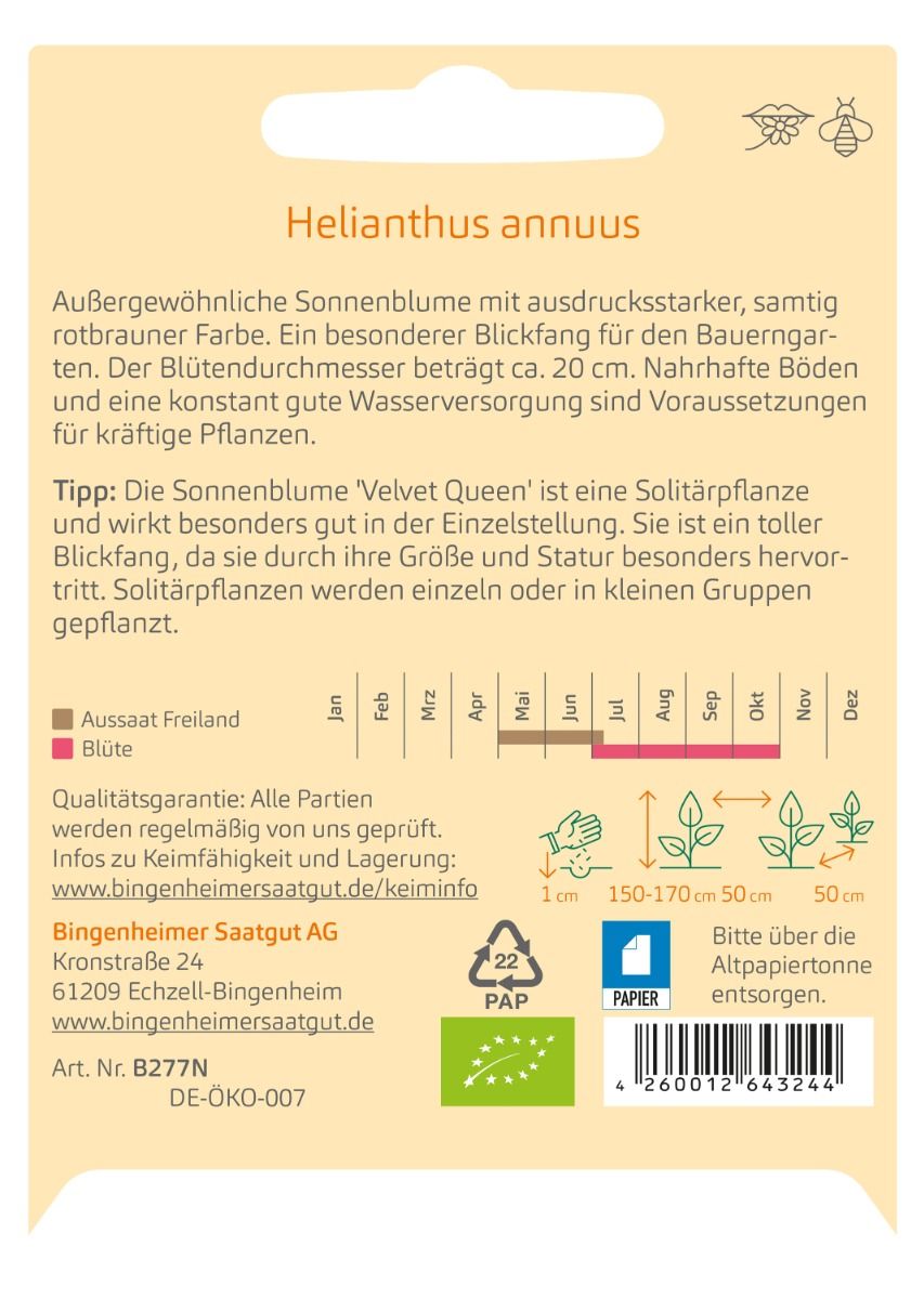 Rückseite der Saatguttüte Sonnenblume Velvet Queen mit Aussaat-, Blüte- und Produktangaben