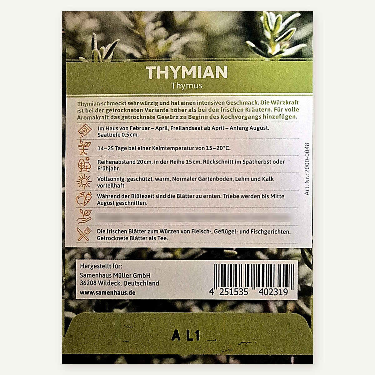 Rückseite der FLORTUS Thymian-Saatguttüte mit Aussaatangaben, Pflanzabständen, Artikelnummer 2000-0048 und Strichcode