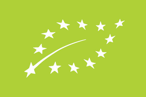 EU-Bio-Siegel – ein stilisiertes, grünes Blatt in einem Kreis, das die Einhaltung der EU-Öko-Richtlinien für biologische Produkte symbolisiert.