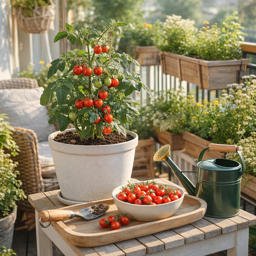 Natürliches Blogbild mit reifer Balkontomate im hellen Pflanztopf auf sonnigem Balkon, dazu Gießkanne, Gartentisch und frische Cherrytomaten in warmem Abendlicht.