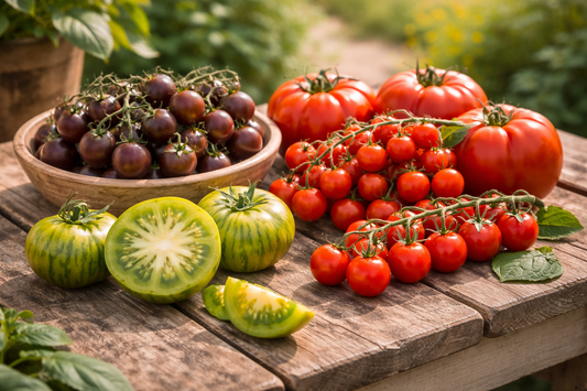 Natürliches Blogbild mit besonderen Tomatensorten wie grüngelb gestreifter Green Zebra und dunkler Black Cherry auf rustikalem Gartentisch im warmen Tageslicht