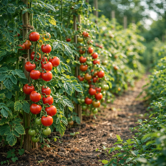 Reife rote Tomatenpflanzen im sonnigen Gartenbeet als Blogbild für frühe Tomatensorten im Freiland und Hausgarten