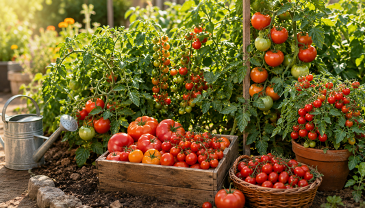 Frühe Tomatensorten im sonnigen Garten mit roten Freilandtomaten, Cherrytomaten und Tomatenpflanze im Kübel