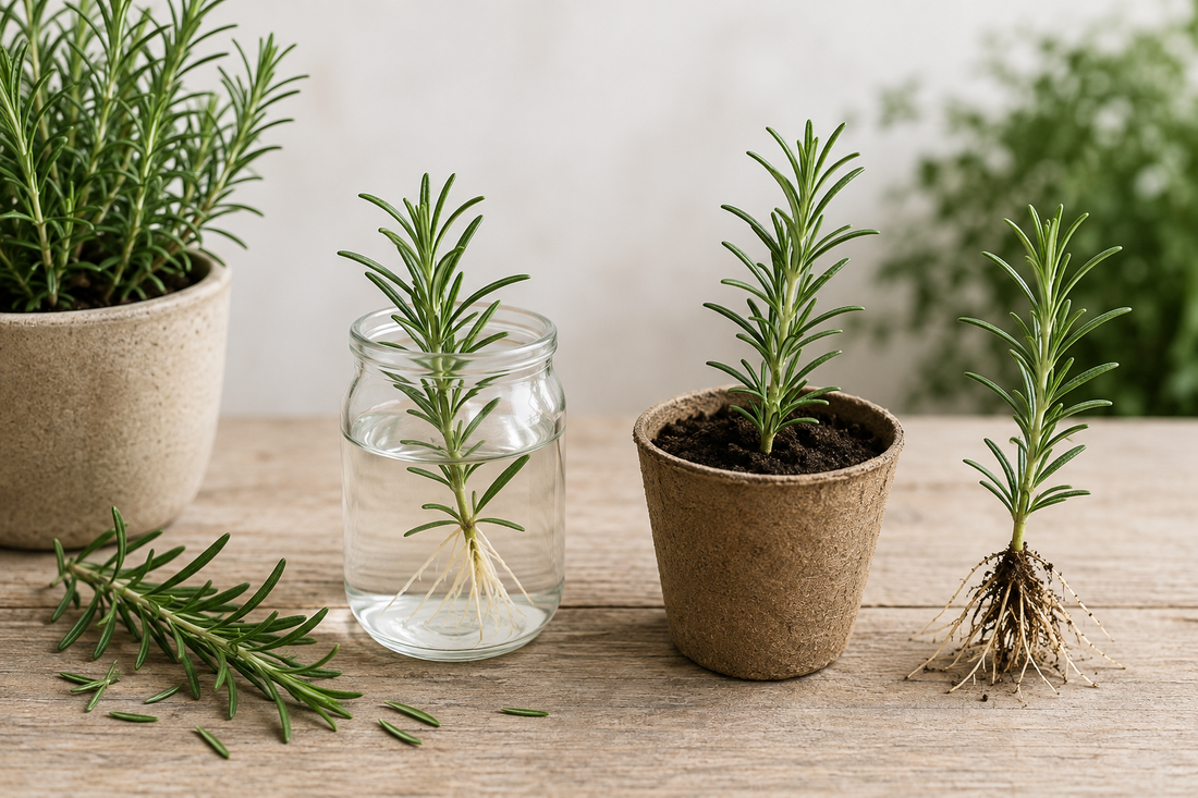 Rosmarin vermehren mit Steckling im Wasserglas, Anzuchttopf und bewurzelter Jungpflanze