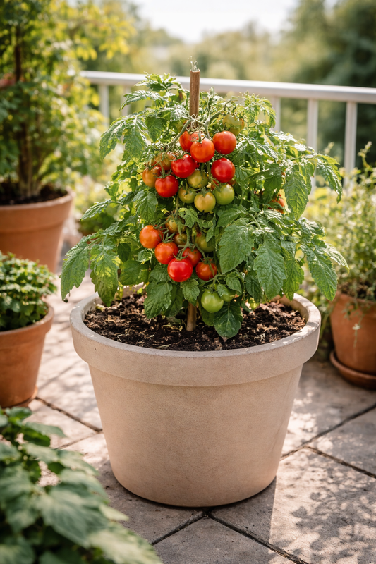 Natürliches Blogbild mit Tomatenpflanze im großen Kübel auf sonnigem Balkon oder Terrasse als Beispiel für Tomaten im Topf