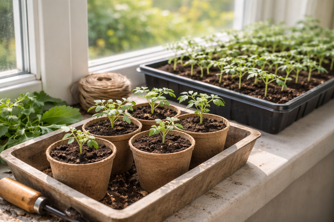 Junge Tomatenpflanzen auf heller Fensterbank in Anzuchtschalen als natürliches Blogbild zum Thema Tomaten vorziehen und richtiger Aussaatzeitpunkt