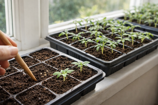 Junge Tomatenkeimlinge in Anzuchtschalen auf heller Fensterbank als natürliches Blogbild für Tomatensamen aussäen und kräftige Jungpflanzen