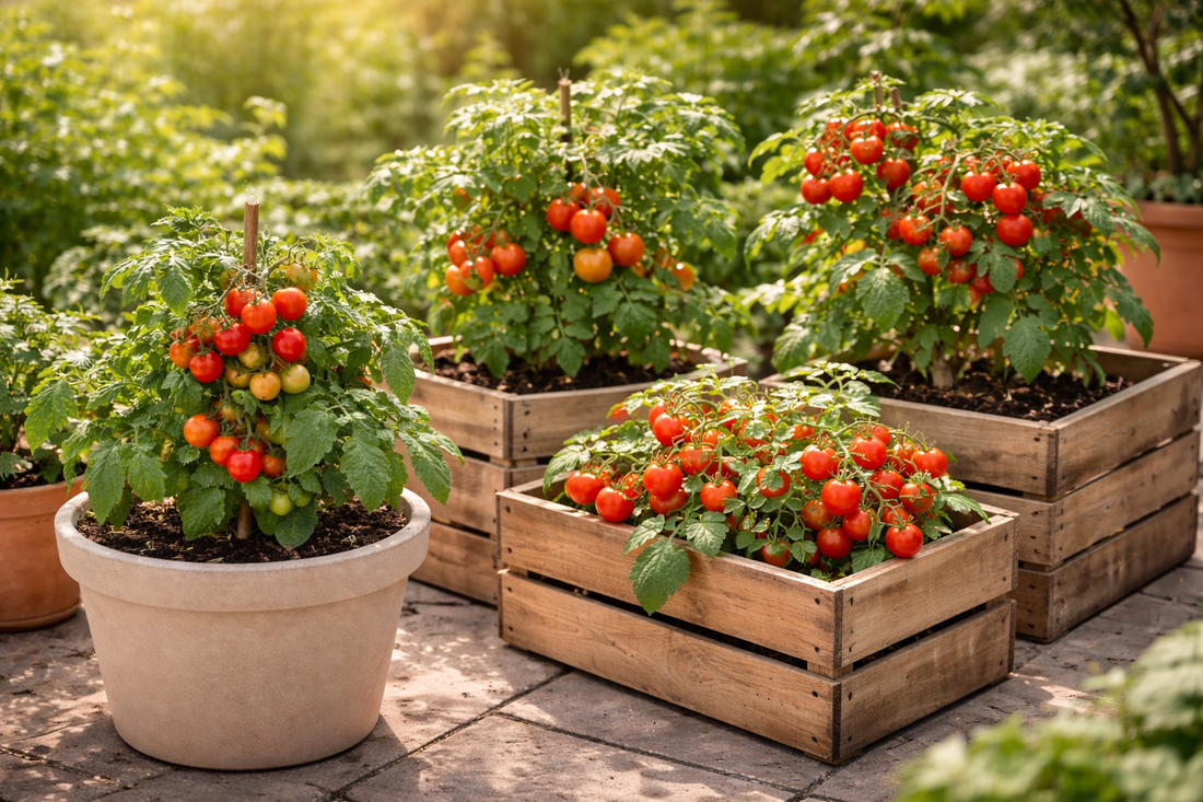 Natürliches Blogbild mit mehreren unkomplizierten Tomatensorten in Töpfen und Gartenkisten im warmen Tageslicht als Einstieg in den Tomatenanbau für Anfänger