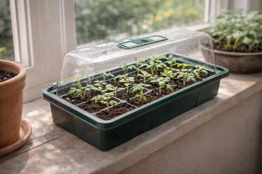 Natürliches Blogbild mit Tomatenkeimlingen im Zimmergewächshaus auf heller Fensterbank als ruhige Anzuchtszene für Tomaten auf der Fensterbank