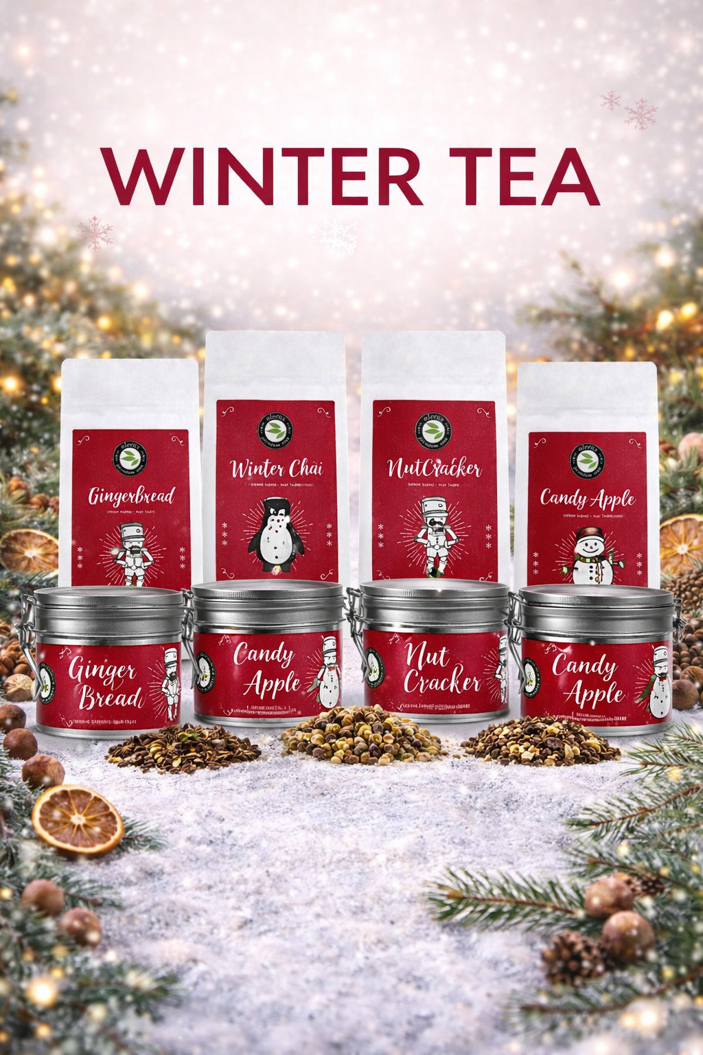 Wintertee Kollektion von RUJOLY mit vier Sorten als Dose und Tüte – Winter Chai, Gingerbread, Candy Apple und Nutcracker