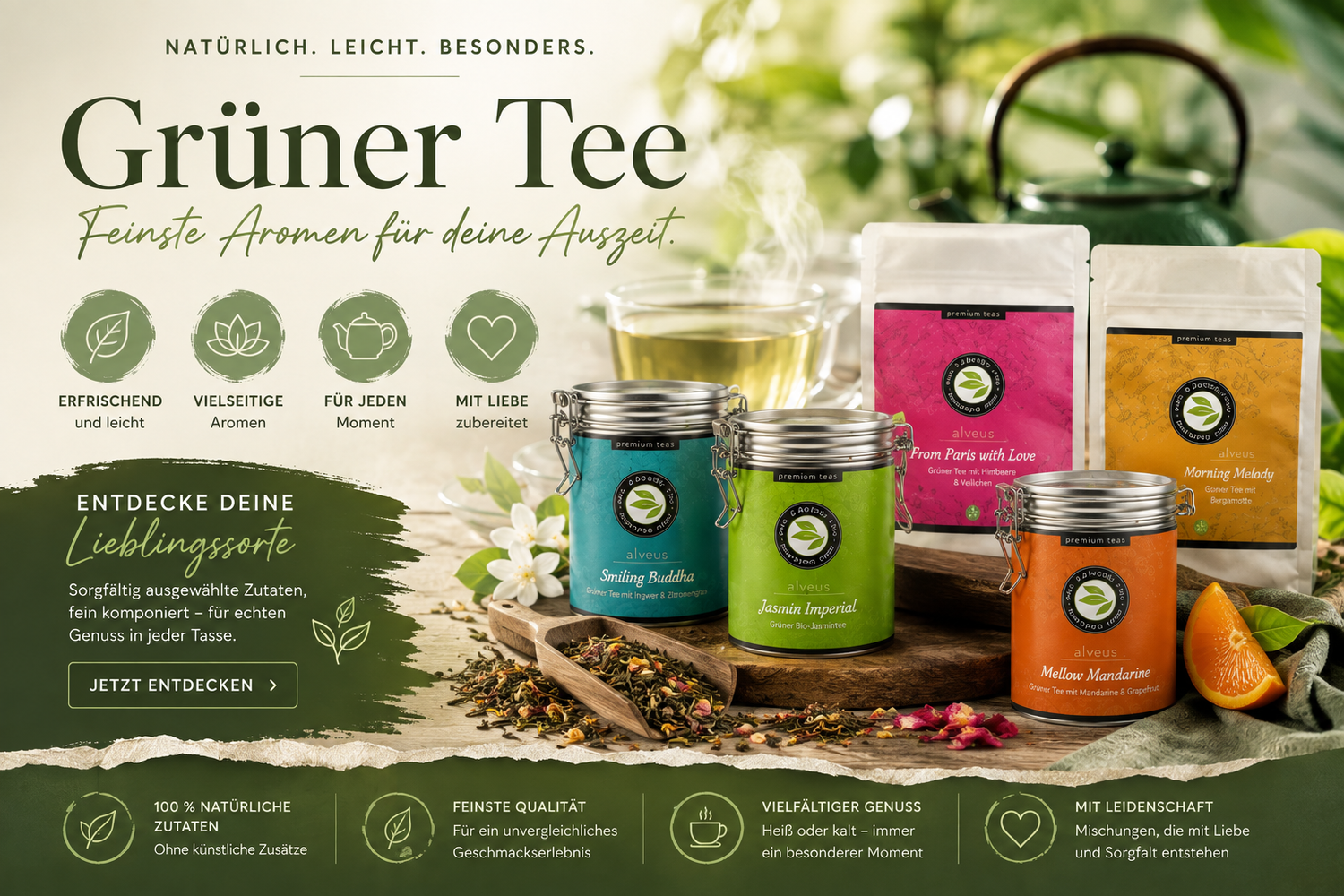 RUJOLY Kategorie Grüner Tee mit alveus® Teedosen, Nachfülltüten, losem Tee und einem dampfenden Teeglas