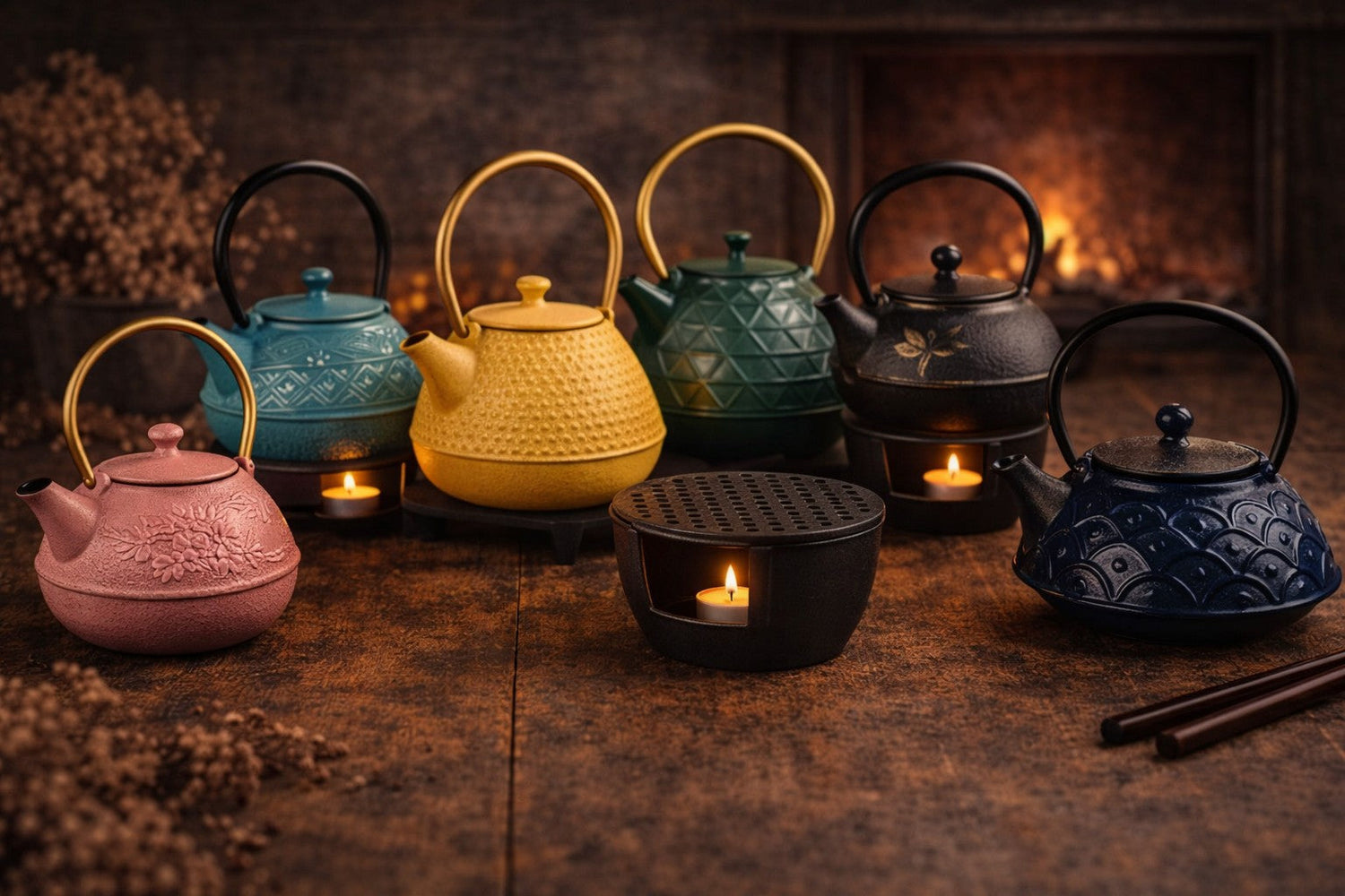 Gusseisen Teekannen Kollektion mit farbigen Teekannen, Teeset und Teekannenwärmer von Rujoly