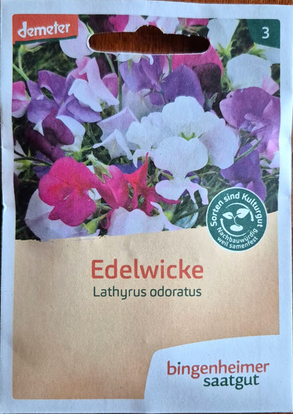 verpackung-saatgut-duftwicke.jpg – Verpackung der Duftwicke von Bingenheimer Saatgut mit Blütenabbildung.
