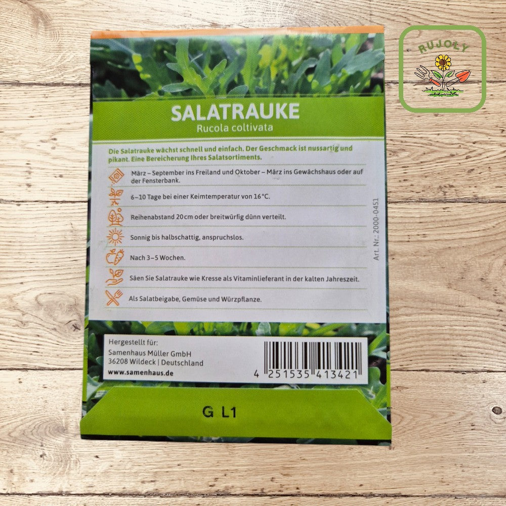 FLORTUS Salatrauke: grüne, gezackte Rucolablätter auf einer Saatgutverpackung.