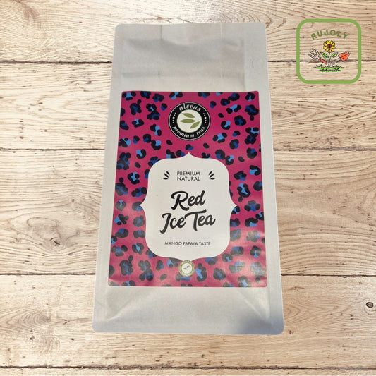 Hochwertige Tüte RED ICE TEA mit Mango-Papaya Geschmack, Rooibos, Lemongras und Minze – exotischer Tee für jede Jahreszeit.