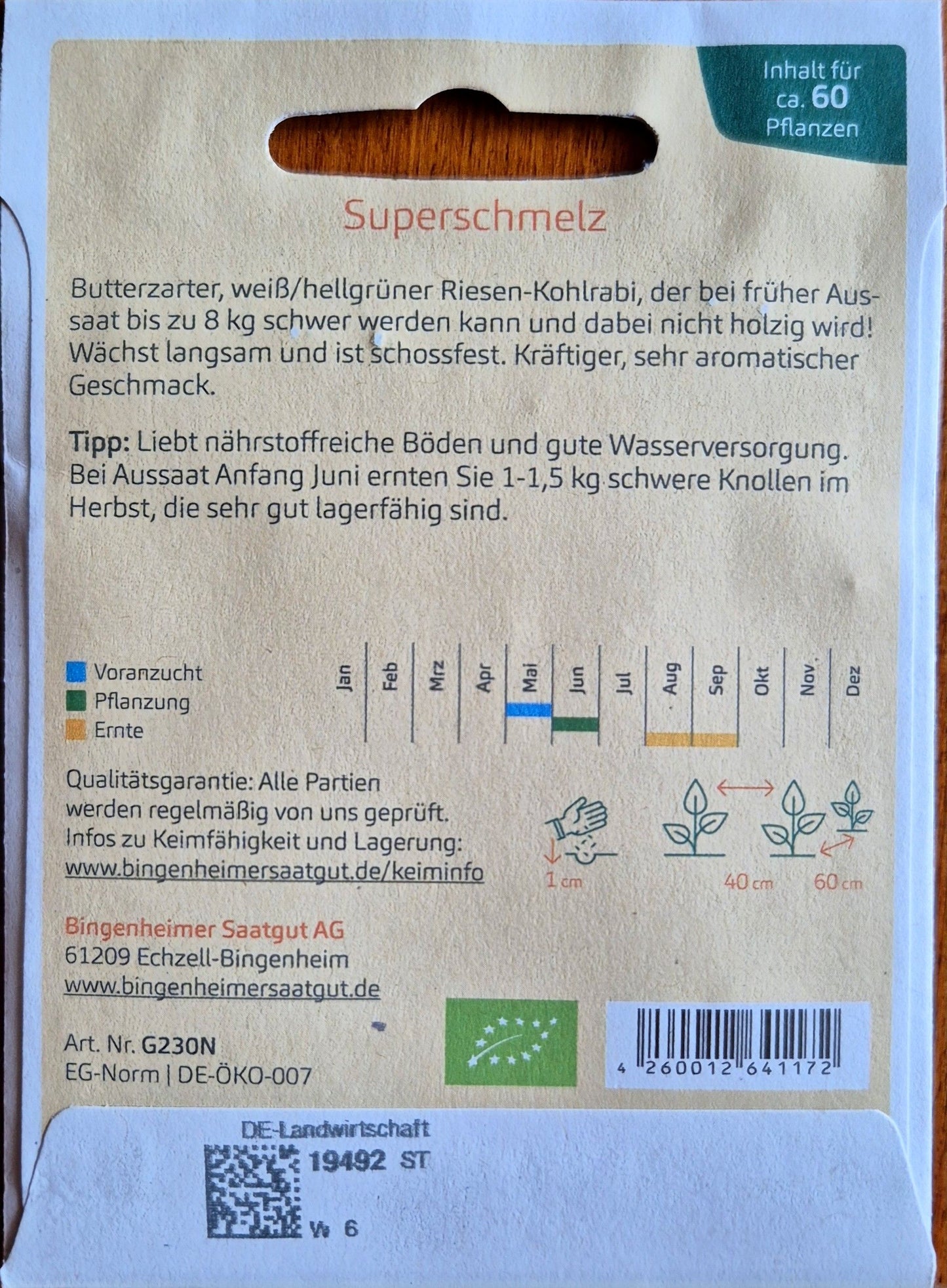 Rückseite der Saatguttüte mit Aussaatkalender und Anbauhinweisen für Kohlrabi Superschmelz