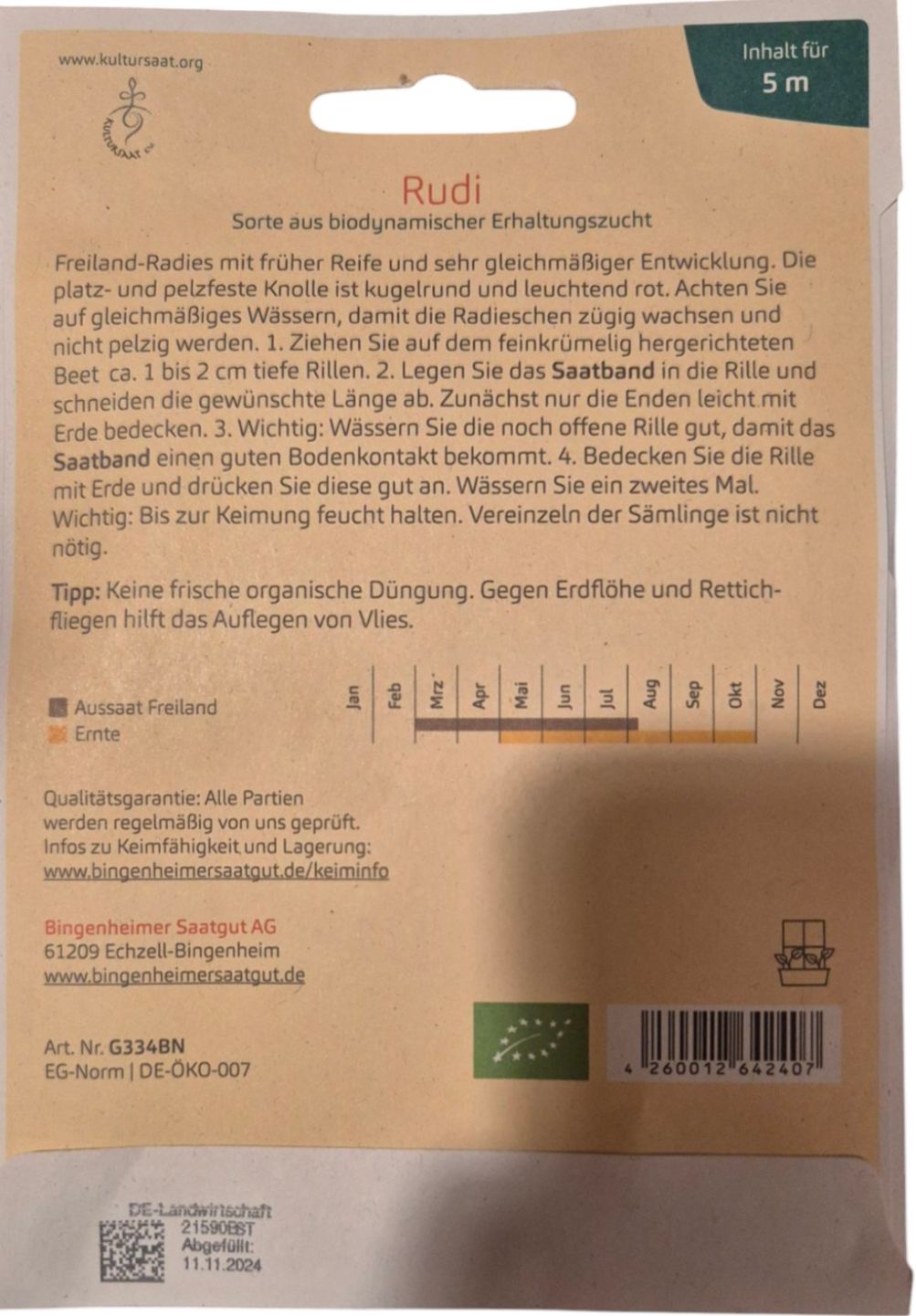 Rückseite der Saatguttüte mit Aussaatkalender und Anbauhinweisen für das Radieschen Rudi (Demeter)
