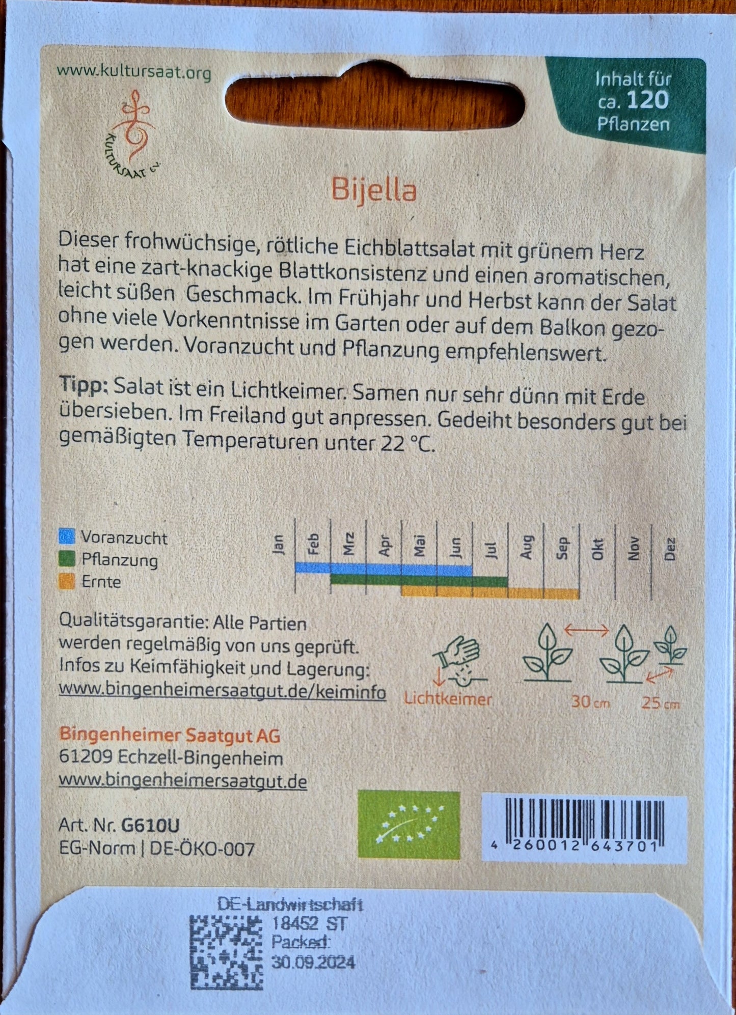 Saatgutpackung Rückseite: Detaillierte Anbauhinweise und Aussaatkalender für den Eichblattsalat 'Bijella'