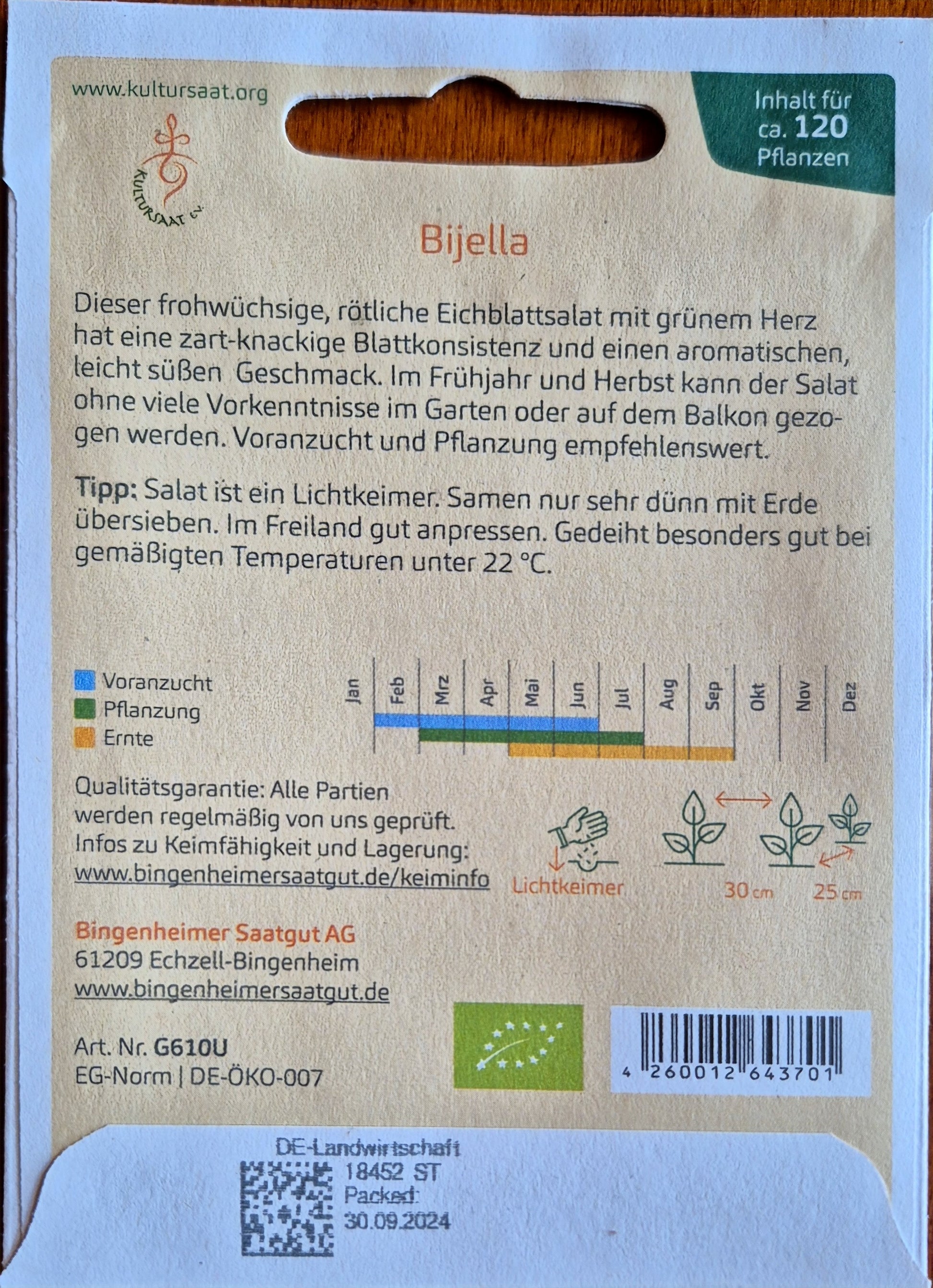 Saatgutpackung Rückseite: Detaillierte Anbauhinweise und Aussaatkalender für den Eichblattsalat 'Bijella'