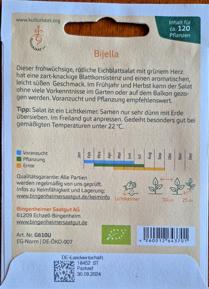 Saatgutpackung Rückseite: Detaillierte Anbauhinweise und Aussaatkalender für den Eichblattsalat 'Bijella'