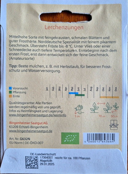 gruenkohl-lerchenzungen-saatgut-rueckseite.jpg: Rückseite der Saatgutpackung mit Anbauhinweisen, Aussaatkalender und Pflegeinformationen.