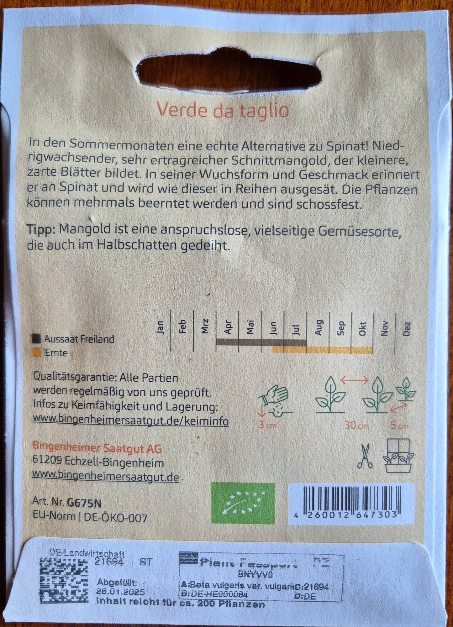 Rückseite der Saatgutpackung: Anbauhinweise, Aussaatkalender und Pflegeinformationen für Schnittmangold 'Verde da taglio'.
