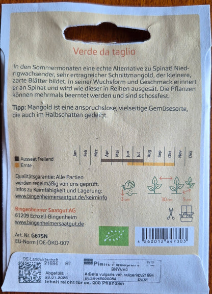 Rückseite der Saatgutpackung: Anbauhinweise, Aussaatkalender und Pflegeinformationen für Schnittmangold 'Verde da taglio'.