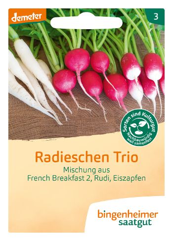 Saatguttüte Bio-Radieschen Trio (Sorten: French Breakfast 2, Rudi, Eiszapfen) von Bingenheimer Saatgut (Demeter)
