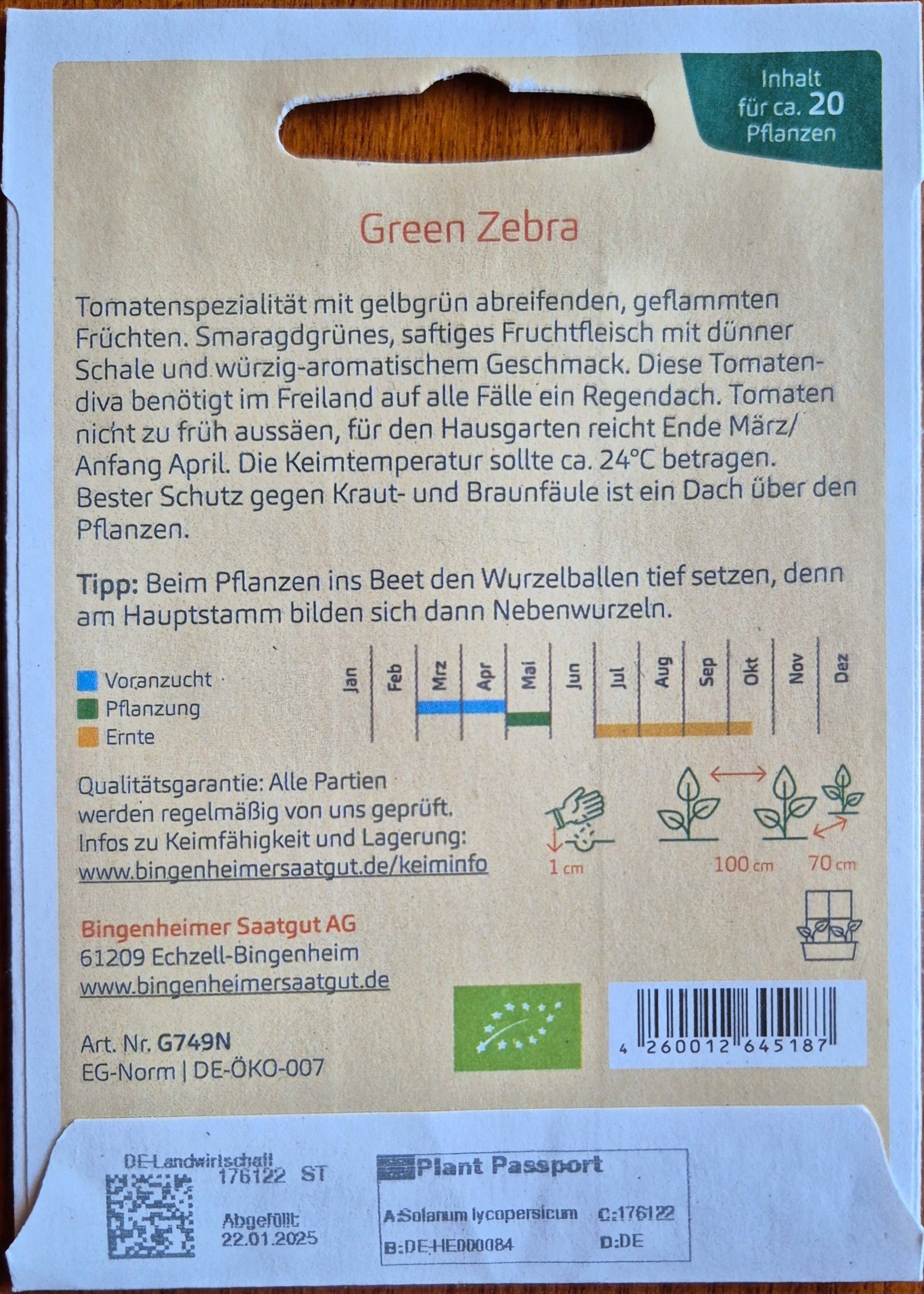 Rückseite der Saatguttüte mit Aussaatkalender, Pflanzhinweisen und Pflegetipps für die Tomatensorte Green Zebra von Bingenheimer Saatgut.