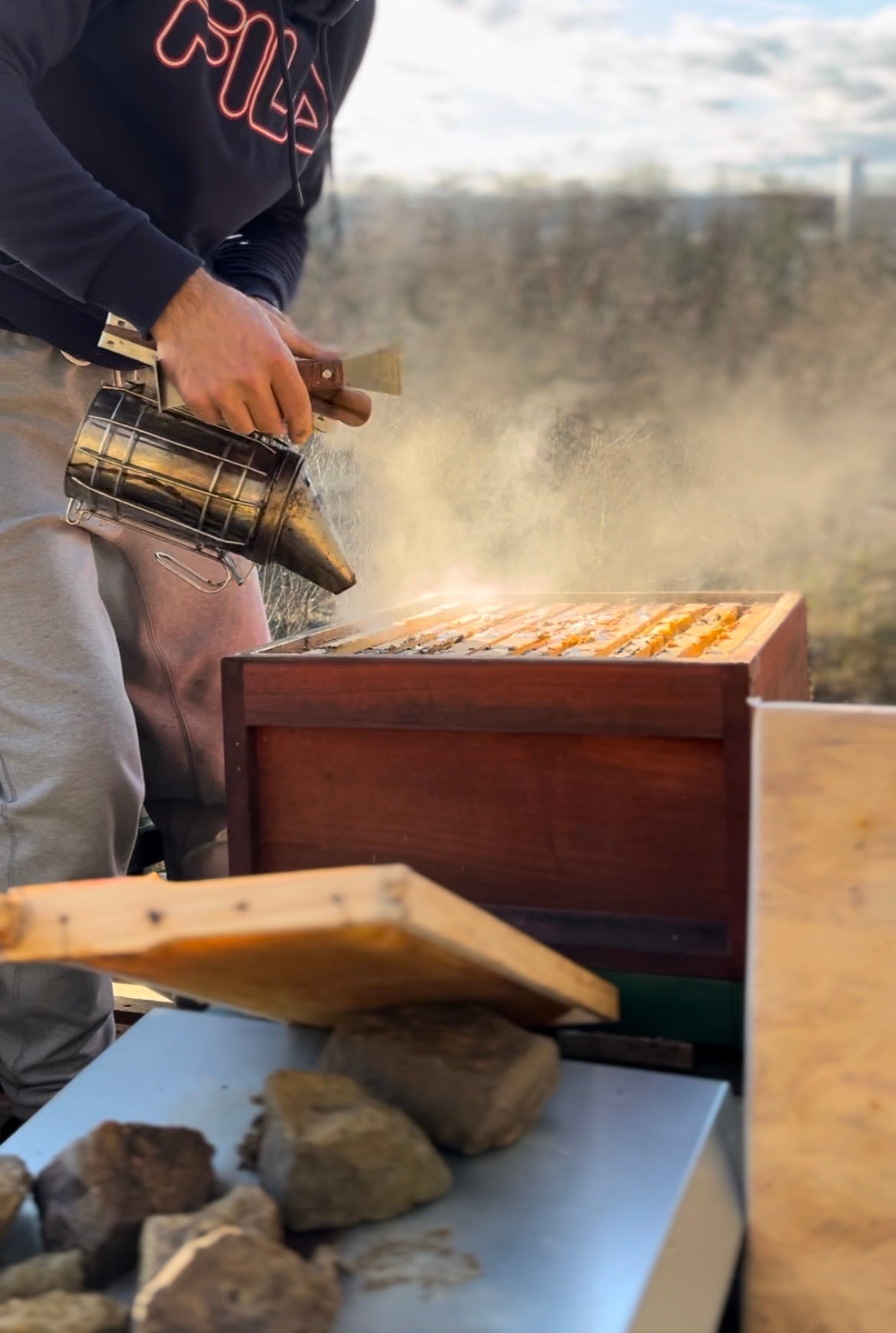 Imkerin mit Bienen, Smoker, nachhaltige Imkerei, regionaler Honig, Umweltschutz, Naturschutz, Siebengebirge.